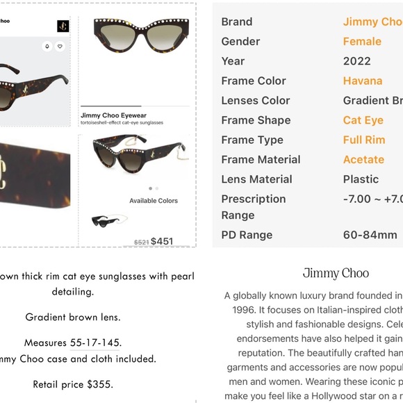 JIMMY CHOO HAVANA CAT EYE WITH FAUX PEARL DETAILING & GOLD “JC” LOGO SUNGLASSES - Picture 9 of 16